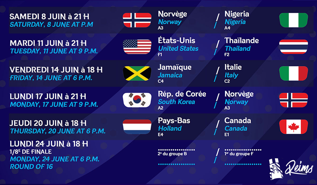 Coupe du Monde planning matchs Reims